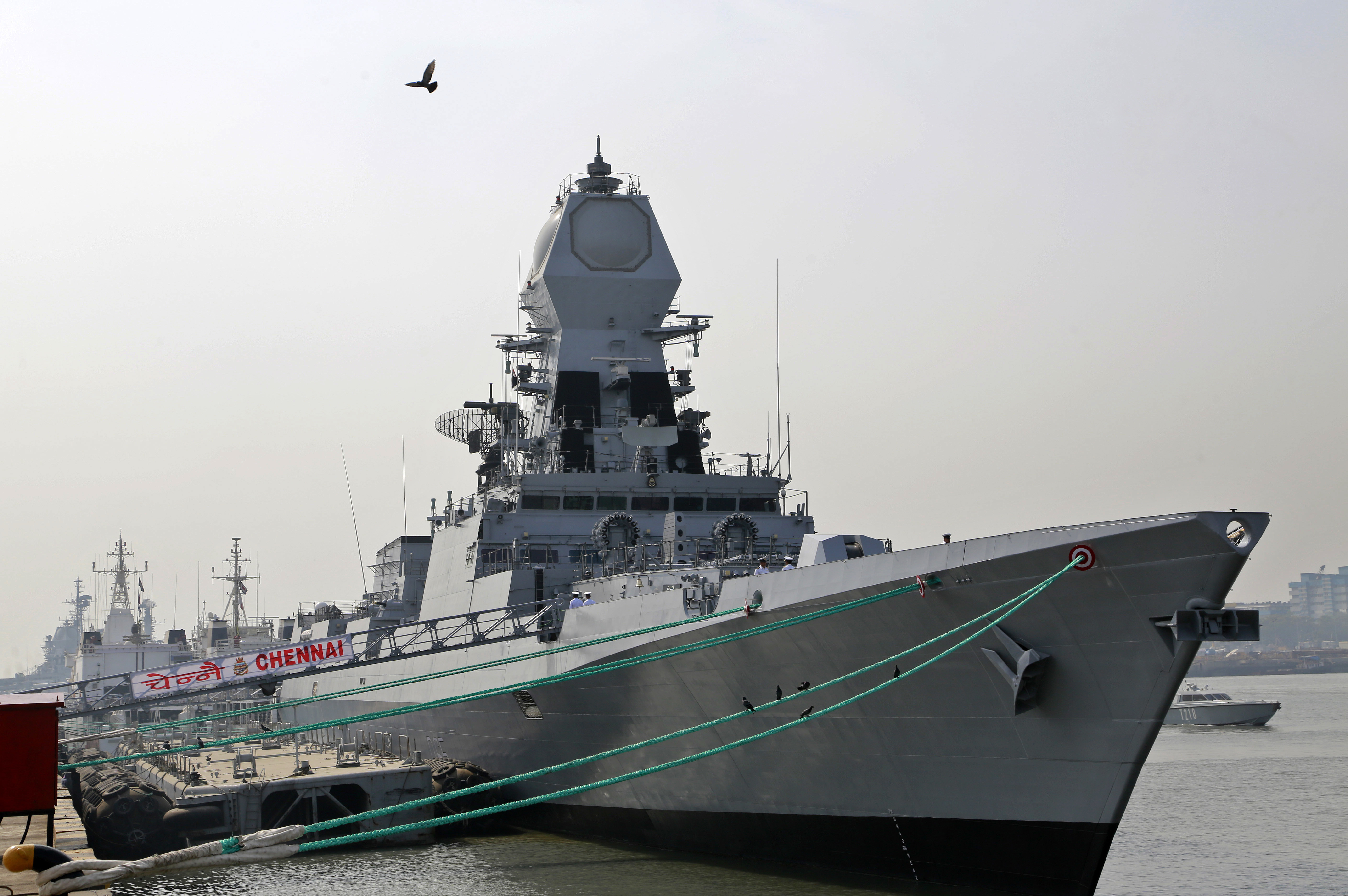 FILE- INS Chennai, a Kolkata class destroyer, is moored at a jetty in Mumbai, India, Friday, Nov. 18, 2016. The Indian navy said on Friday, Jan. 5, 2023, that it has deployed the ship and a patrol aircraft in the Arabian Sea following a hijacking attempt onboard a Liberia-flagged bulk carrier. (AP Photo/Rajanish Kakade, File)