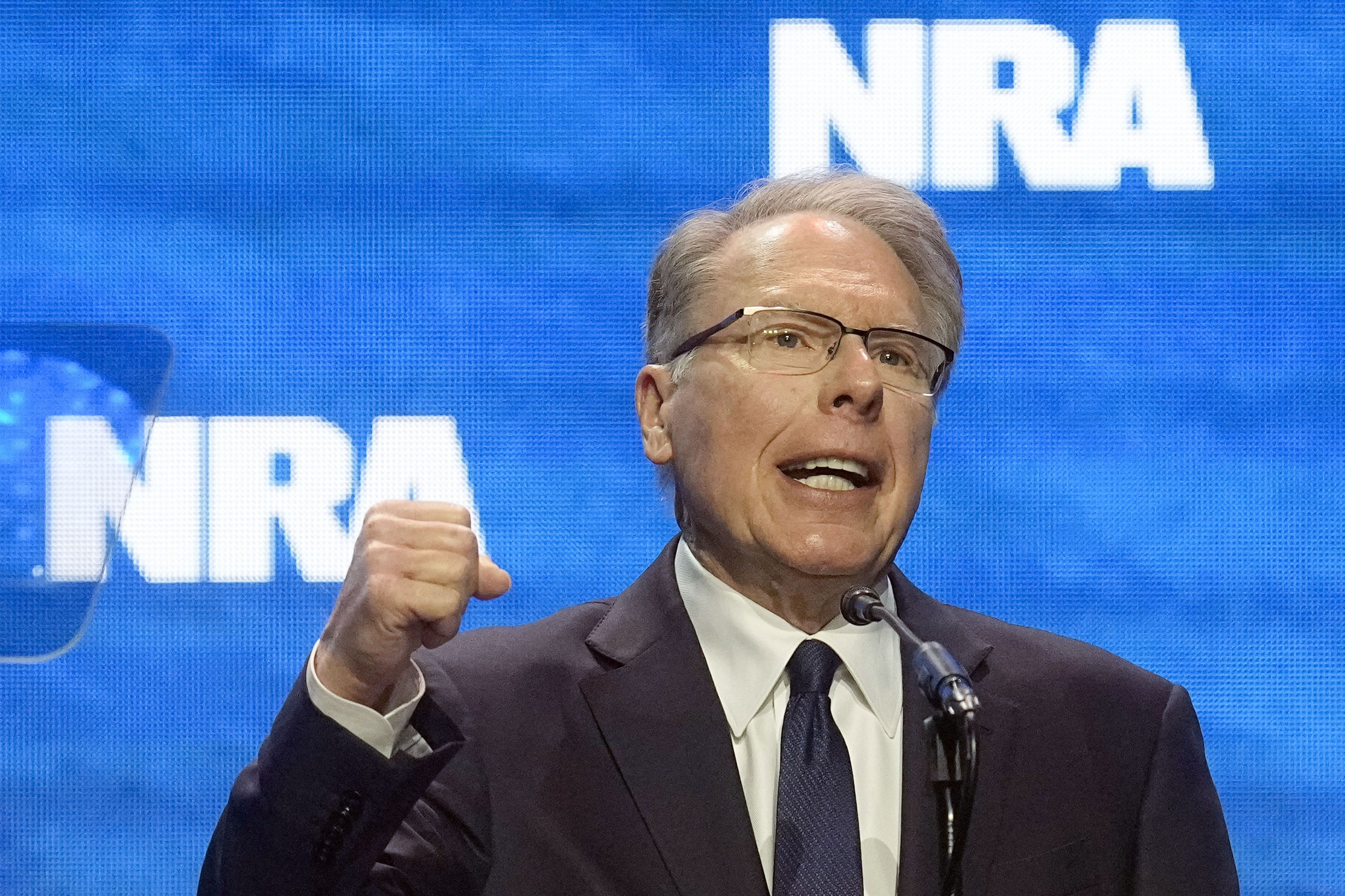FILE - Wayne LaPierre, CEO and executive vice-president of the National Rifle Association, addresses the National Rifle Association Convention, April 14, 2023, in Indianapolis. The National Rifle Association of America (NRA) announced Friday, Jan. 5, 2024, that LaPierre said he is stepping down from his position as chief executive of the organization, effective Jan. 31. (AP Photo/Darron Cummings, File)