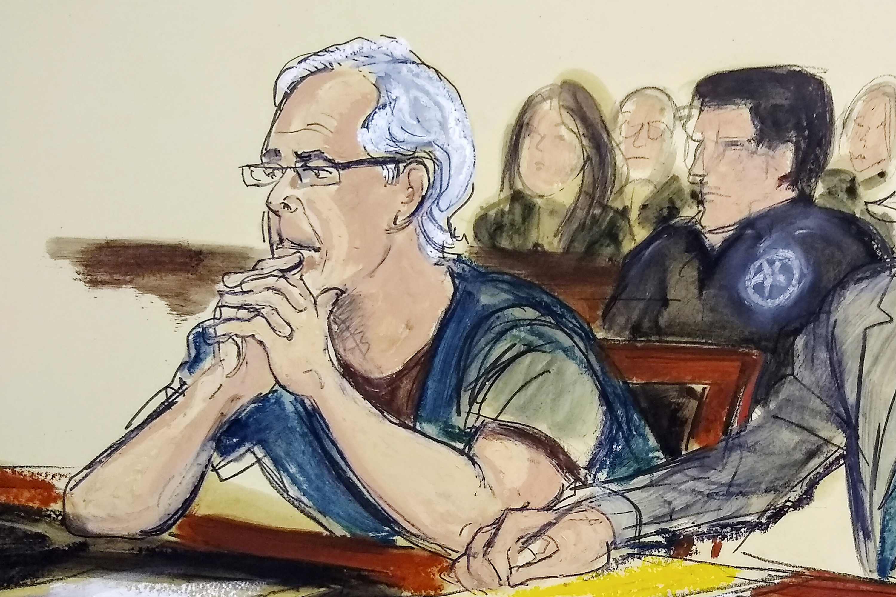 FILE - In this courtroom artist's sketch, Jeffrey Epstein listens during a bail hearing in federal court in New York on July 15, 2019. A new batch of unsealed documents pertaining to Epstein’s sexual abuse of teenage girls was released Thursday, Jan. 4, 2024, adding hundreds of pages to a trove of information detailing how the financier leveraged connections to the rich, powerful and famous to recruit his victims and cover up his crimes. (Elizabeth Williams via AP, File)